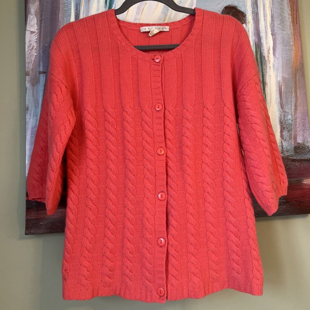 Belford Sz S-M Women's Cardigan Sweater 1/2 Sleeve Hot Pink VERY GOOD (Details)